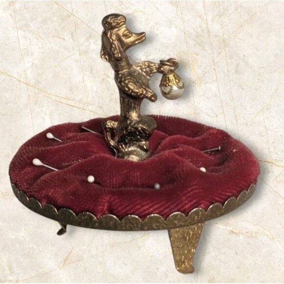 French Poodle Pin Cushion Pearl Gold Trinket Red Velvet Dog Jewelry Dish 60s Vtg - Picture 1 of 16